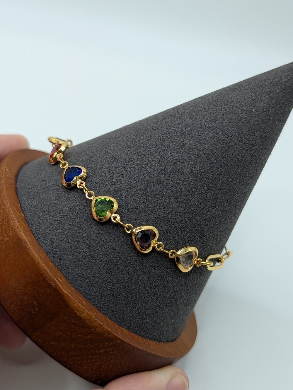 18k Gold-Plate Paperclip chain Rainbow Heart Gem Bracelet Asymmetrical - Picture 3 of 4